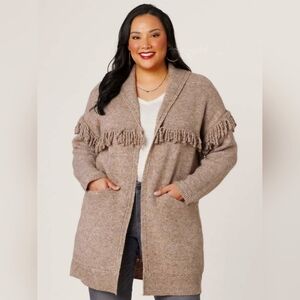 NWT Long Sleeve Fringe Yoke Shawl Collar Drop Pocket Coatigan Democracy 2X